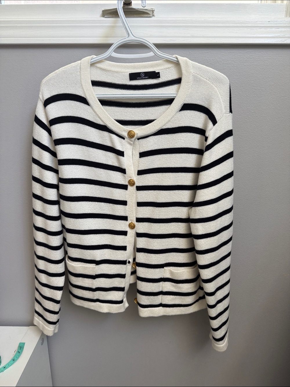 Cream and Black Striped Gold-Button Cardigan